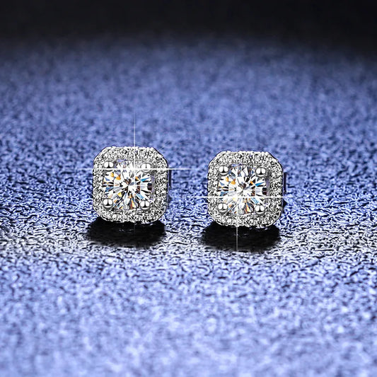 Puces d'oreilles argent 925 moissanite halo carré classique luxe - vue de face
