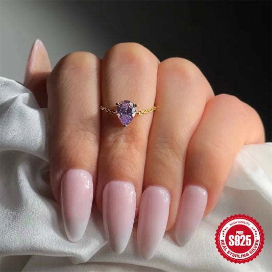 Bague argent 925 doré chaînette zircon violet goutte ajustable - vue de face

