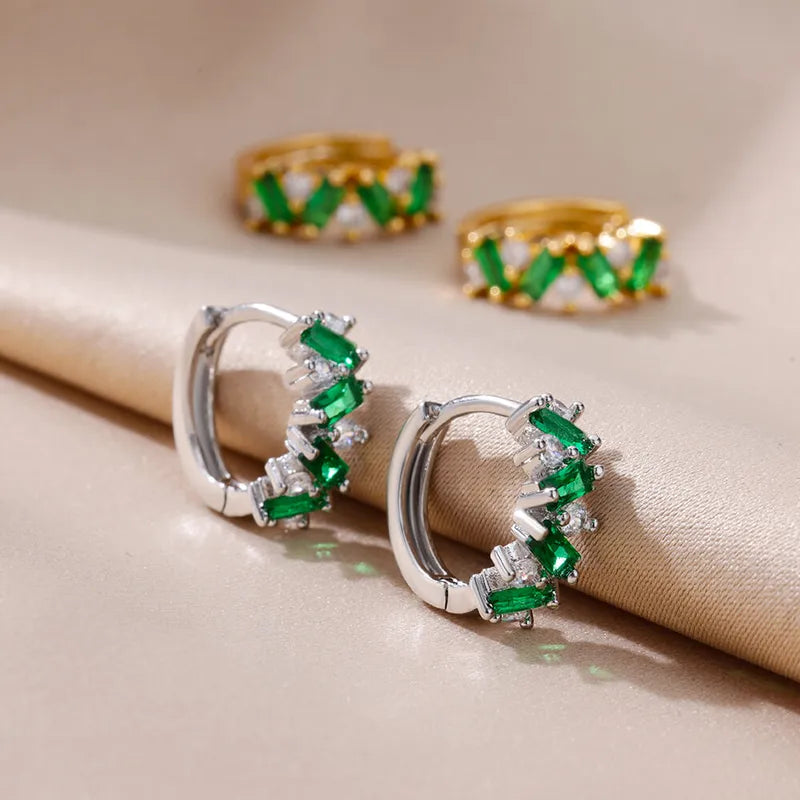 Créoles zircons vert blanc acier inoxydable argenté -Argenté ou Doré
