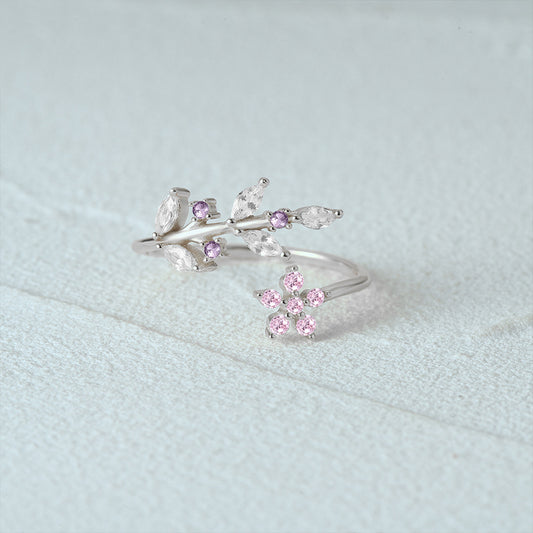 Bague argent 925 florale ajustable feuilles fleurs roses -Solaris bijoux

