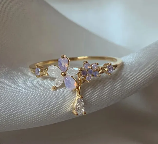 Bague papillon ajustable acier inoxydable pierres violettes zircon - vue de face
